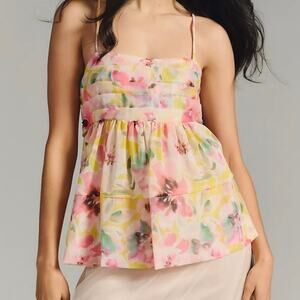 Anthropologie Misa Mariposa Chiffon Floral Babydoll Top Women's Medium Pink